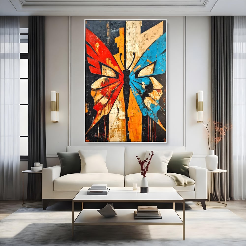 Tablou canvas cu tablou canvas cu fluture stilizat in culori vii, in rama de aluminiu argintiu, pe perete intr-un living